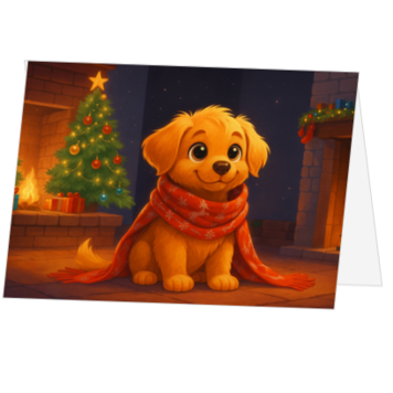 Kerstkaart met hondje bij de open haard