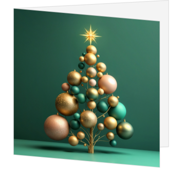 Moderne kerstkaart met kerstboom van gouden en groene kerstballen