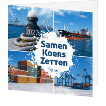Kerstkaart met winterse haven en containers