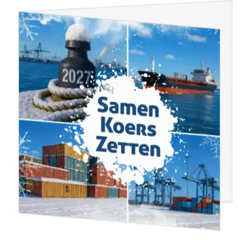 Kerstkaart met winterse haven en containers