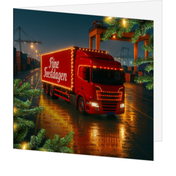 Kerstkaart met rode vrachtwagen en kerstverlichting