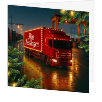 kerstkaart met rode vrachtwagen en kerstverlichting