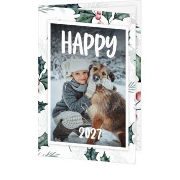 Kerstkaart met foto en winterse hulst