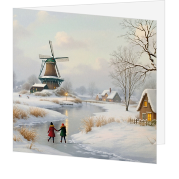 Kerstkaart met winterlandschap en molen