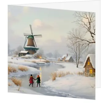 Kerstkaart met winterlandschap en molen