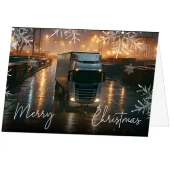 Kerstkaart met vrachtwagen op industriële winterlocatie