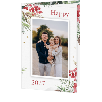 Kerstkaart met foto en rode bessen