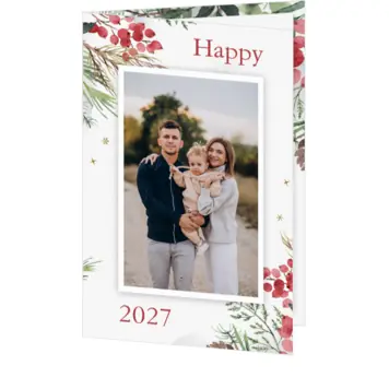 Kerstkaart met foto en rode bessen