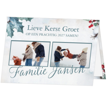 Kerstkaart met twee foto’s en winterse hulst
