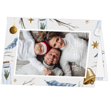 Kerstkaart met familiefoto, kerstklokken en sterren