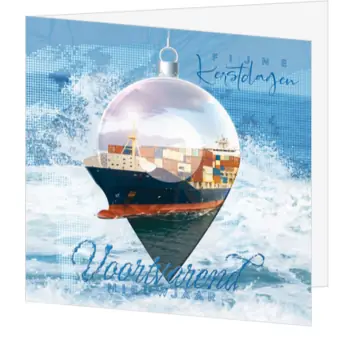 Kerstkaart met containerschip in winterse kerstsfeer