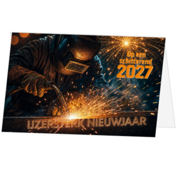 Stoere kerstkaart met vuurwerk en lasscène