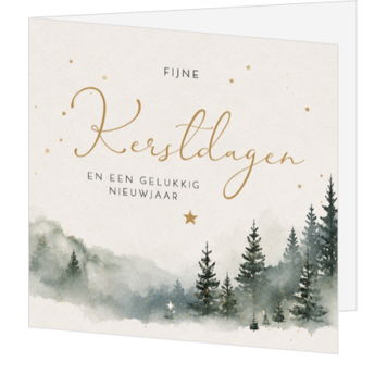 Stijlvolle kerstkaart met winters bos in aquarel