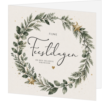 Kerstkaart met eucalyptuskrans en gouden details