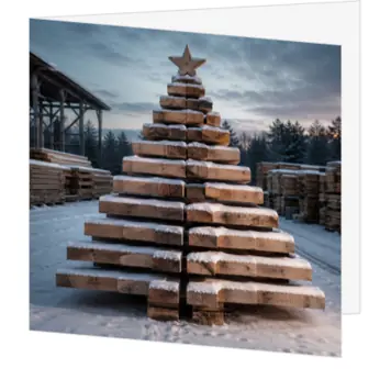 Kerstkaart met houten kerstboom in sneeuwlandschap