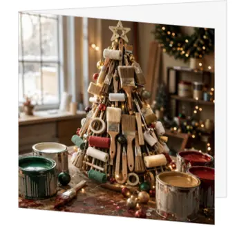 Ambachtelijke kerstkaart met kerstboom van schildersgereedschap