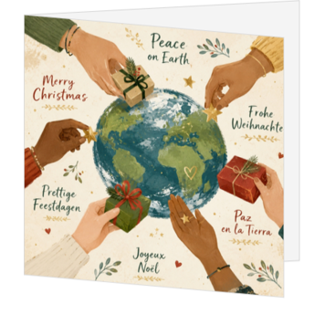 Internationale kerstkaart met wereld en kerstwensen