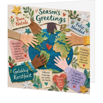 Internationale kerstkaart met wereldbol en verbindende handen