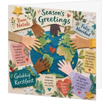 Internationale kerstkaart met wereldbol en verbindende handen