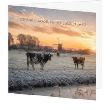 Kerstkaart met winterlandschap, koeien en molen