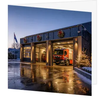 Kerstkaart met brandweerwagen bij verlichte kazerne