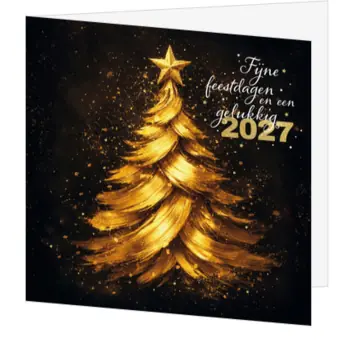 Kerstkaart met gouden kerstboom op zwarte achtergrond