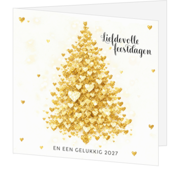 Kerstkaart met gouden kerstboom van hartjes