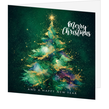 Kerstkaart met moderne kerstboom in goud en groen