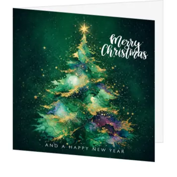 kerstkaart met moderne kerstboom in goud en groen