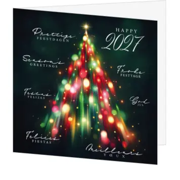 kerstkaart met kleurrijke lichtboom en internationale kerstgroeten