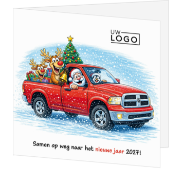 Kerstkaart met kerstman en rendieren in rode pick-up