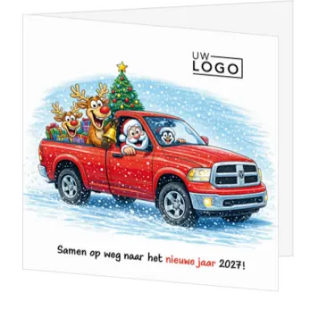 kerstkaart met kerstman en rendieren in rode pick-up