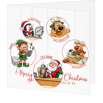 Kerstkaart met vrolijk team en kerstfiguren