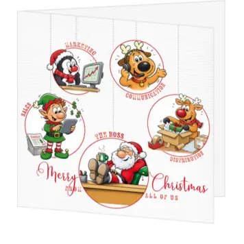 kerstkaart met vrolijk team en kerstfiguren