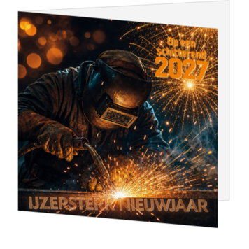 Nieuwjaarskaart met stoere lasser en vuurwerk