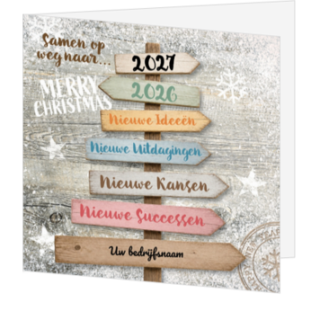 Kerstkaart met wegwijzer en nieuwe kansen