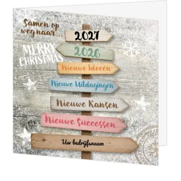 kerstkaart met wegwijzer en nieuwe kansen