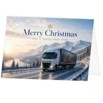 Kerstkaart met vrachtwagen in winters berglandschap