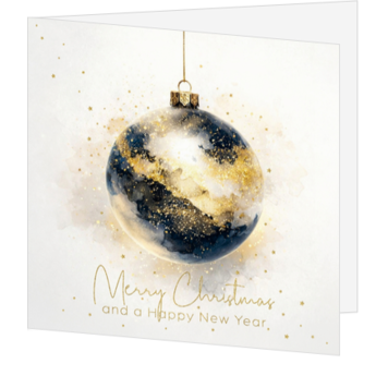 Luxe kerstkaart met stijlvolle kerstbal in goud en zwart