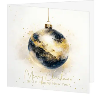 Luxe kerstkaart met stijlvolle kerstbal in goud en zwart