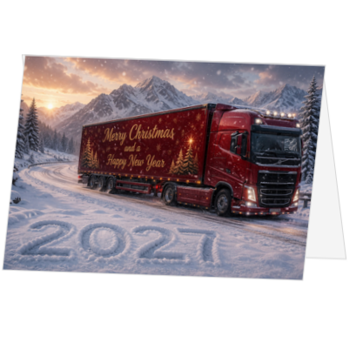 Kerstkaart met rode vrachtwagen in besneeuwd berglandschap