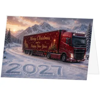 Kerstkaart met rode vrachtwagen in besneeuwd berglandschap