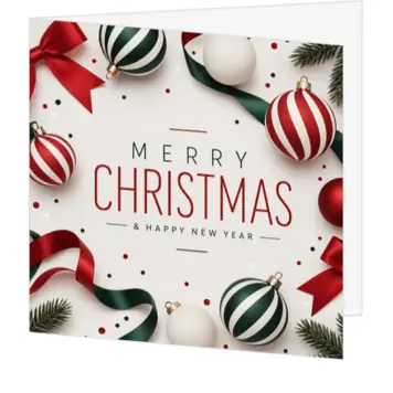 Stijlvolle kerstkaart met kerstballen en linten