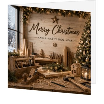 Sfeervolle kerstkaart met houten interieur