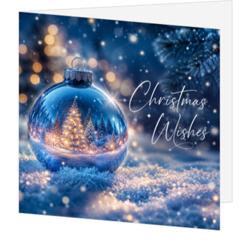 Kerstkaart met blauwe kerstbal en winterlandschap