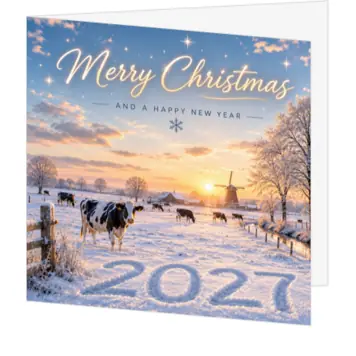 Kerstkaart met koeien in winters landschap