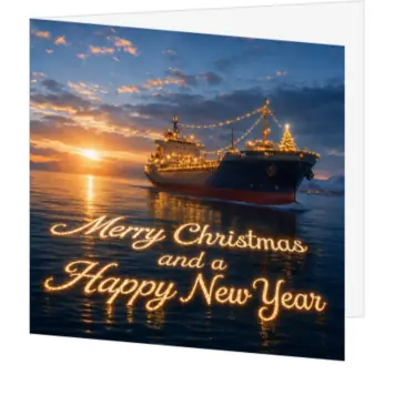 kerstkaart met schip op zee