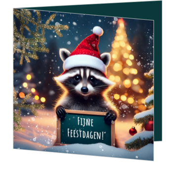 Kerstkaart met wasbeer en krijtbord