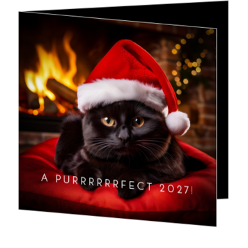 Grappige kerstkaart met zwarte kat en kerstmuts
