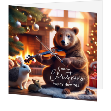 Kerstkaart met dieren bij de kerstboom